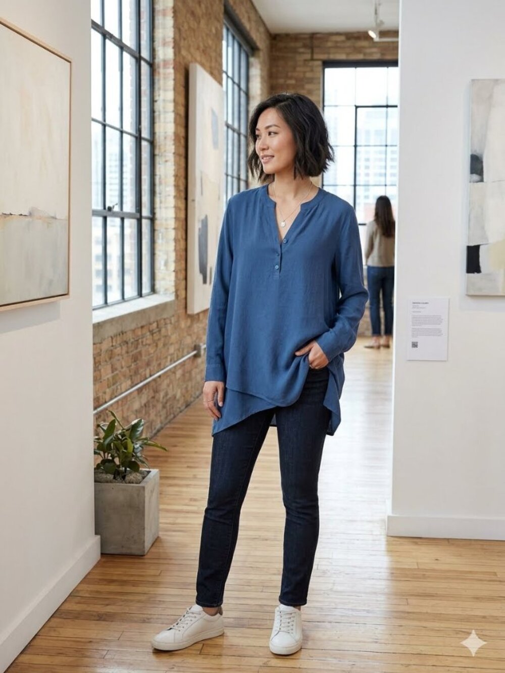 Soft Surroundings Size L Blue Asymmetrical V-Neck Roll Tab Popover Saba Tunic